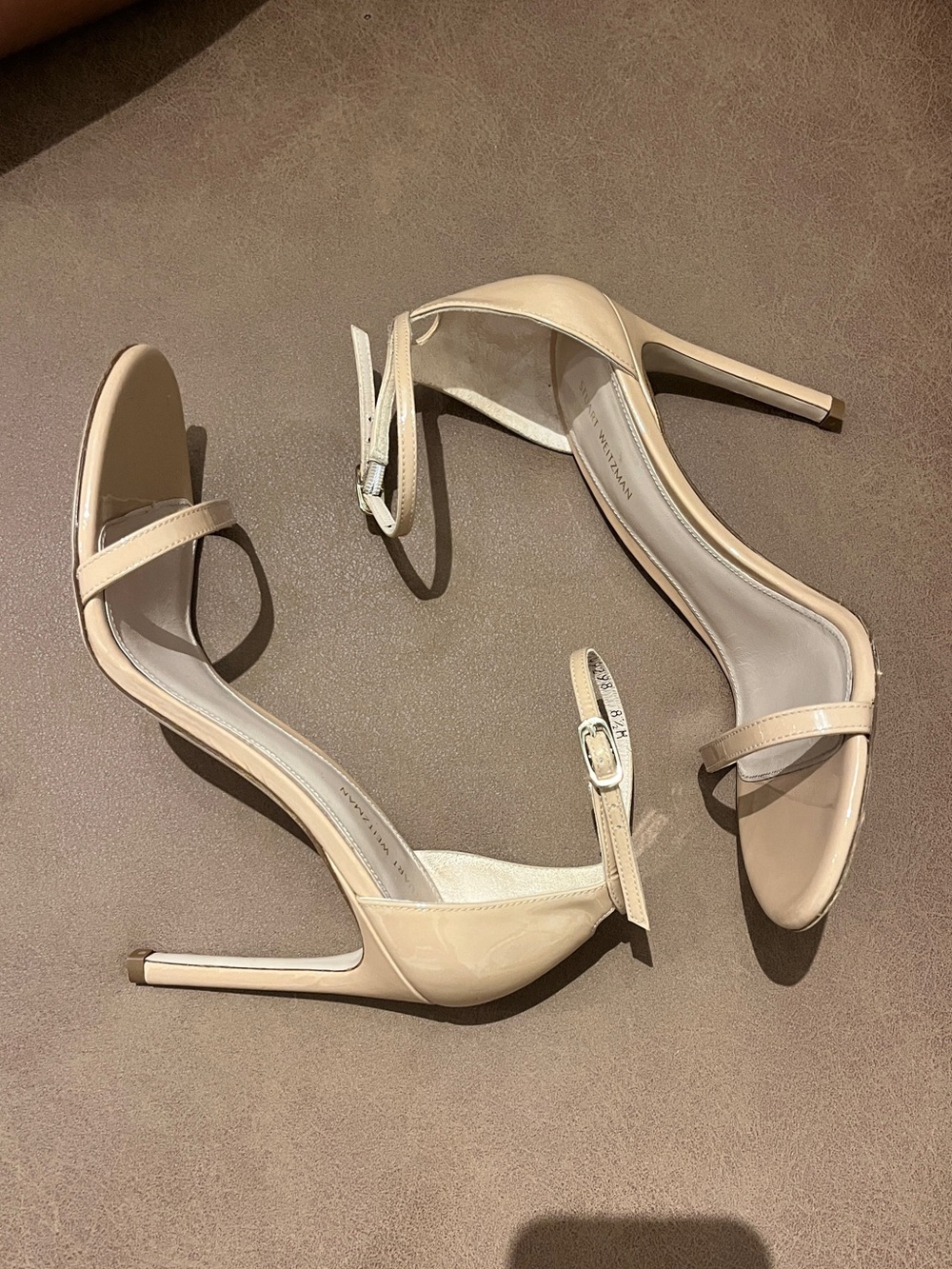 Stuart Weitzman Nude Patent Ankle-Strap Stiletto Sandals